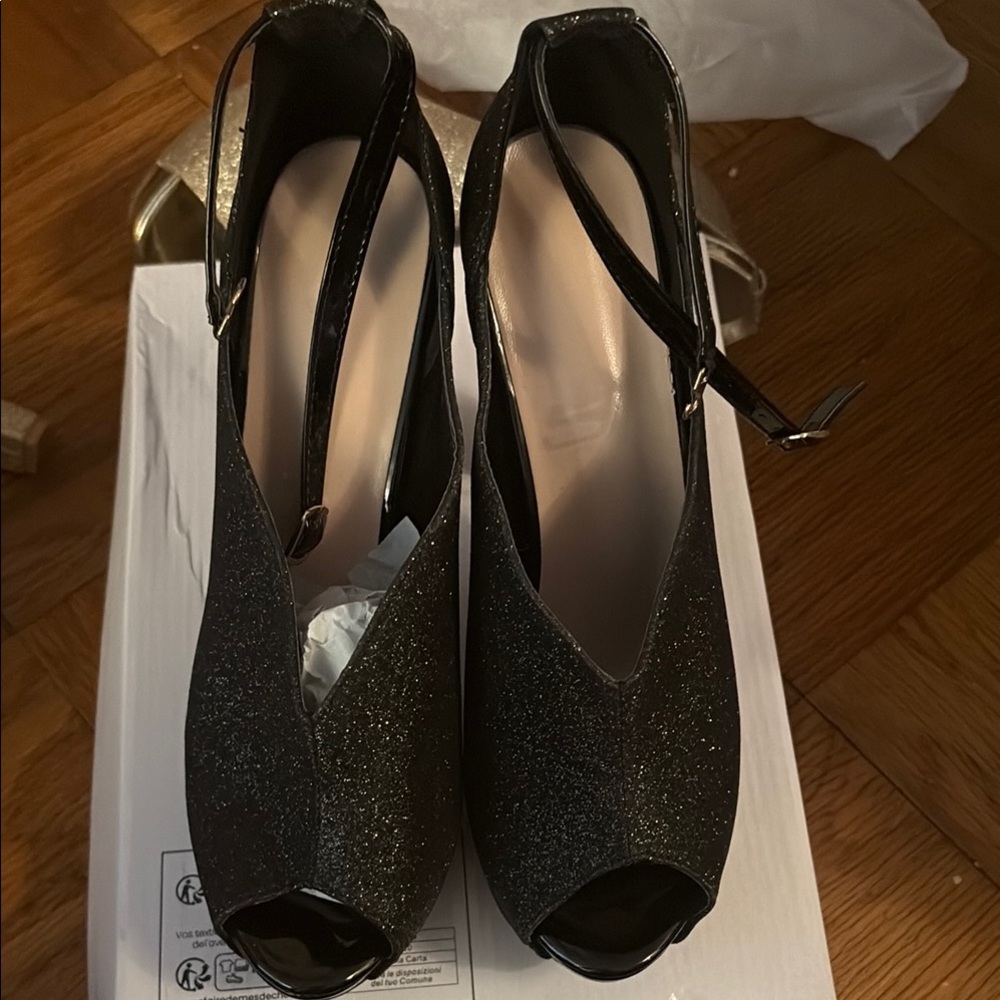 Elegant Black Glitter Peep-Toe Heels
